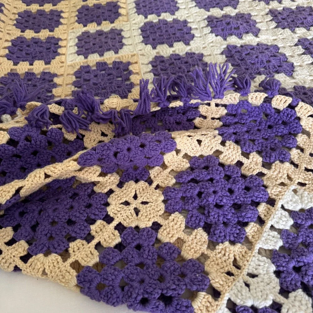 Vintage Handmade Crochet Granny Square Blanket Purple Cream Tassel Fringe King